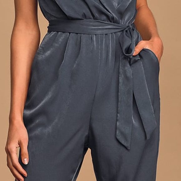 Love Like That Washed Navy Blue Satin Sleeveless Jumpsuit - Picture 5 of 7